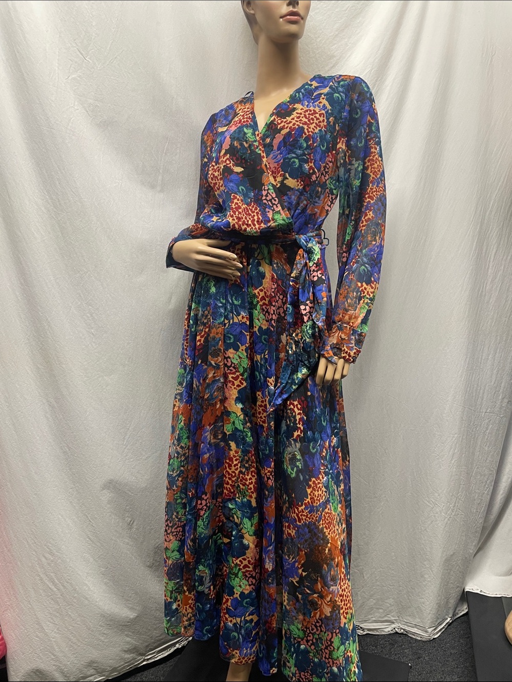 Spy Zone Exchange Women's Floral Blue w/Multi-Color Sheer Long Sleeve Maxi Dress